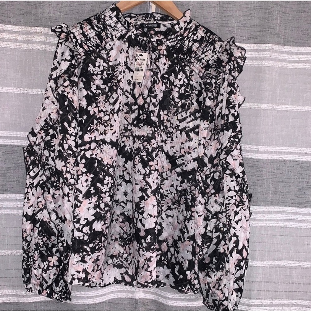 Express Black, White and Light Pink Ruffled Blouse